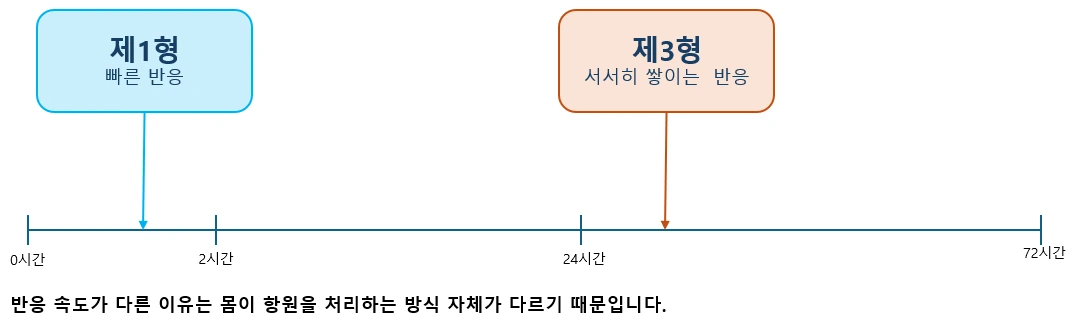 제1형과 제3형 과민반응이 나타나기까지 걸리는 시간 비교